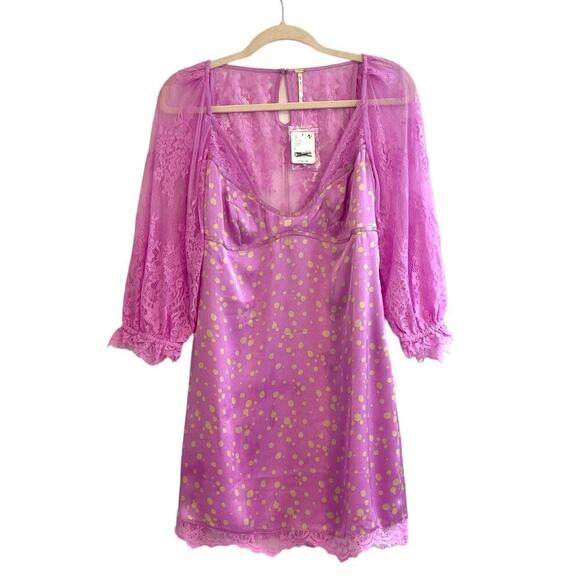 Free People About That Mini Dress Satin in  Iris Combo Lace NEW Size Small - Picture 3 of 12